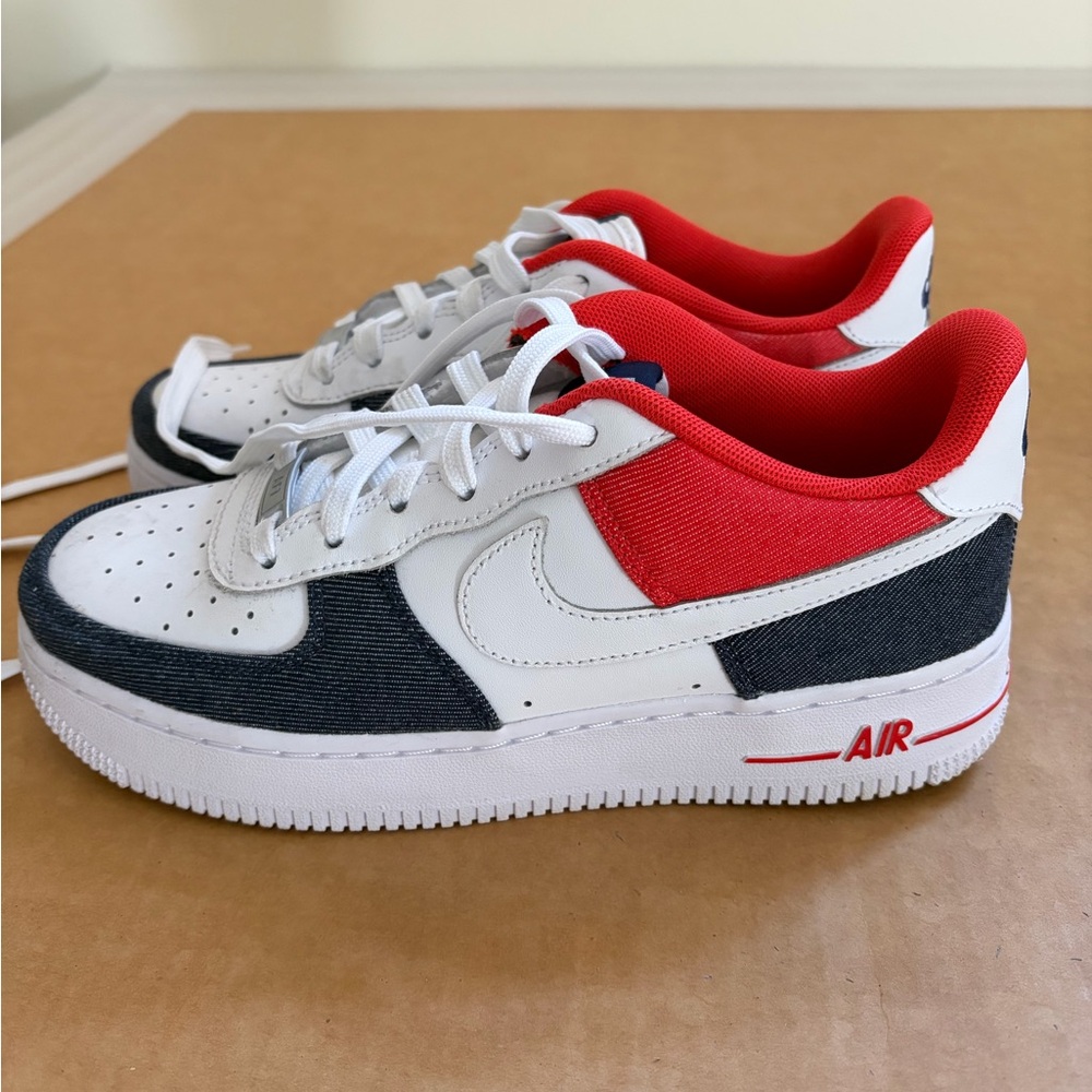 Nike Air Force One Sneakers White Red Denim Panels, youth 5